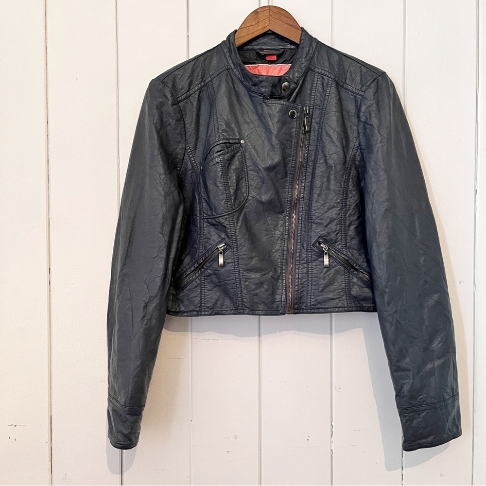 Collection Blue Cropped Faux Leather Jacket. Size Large.